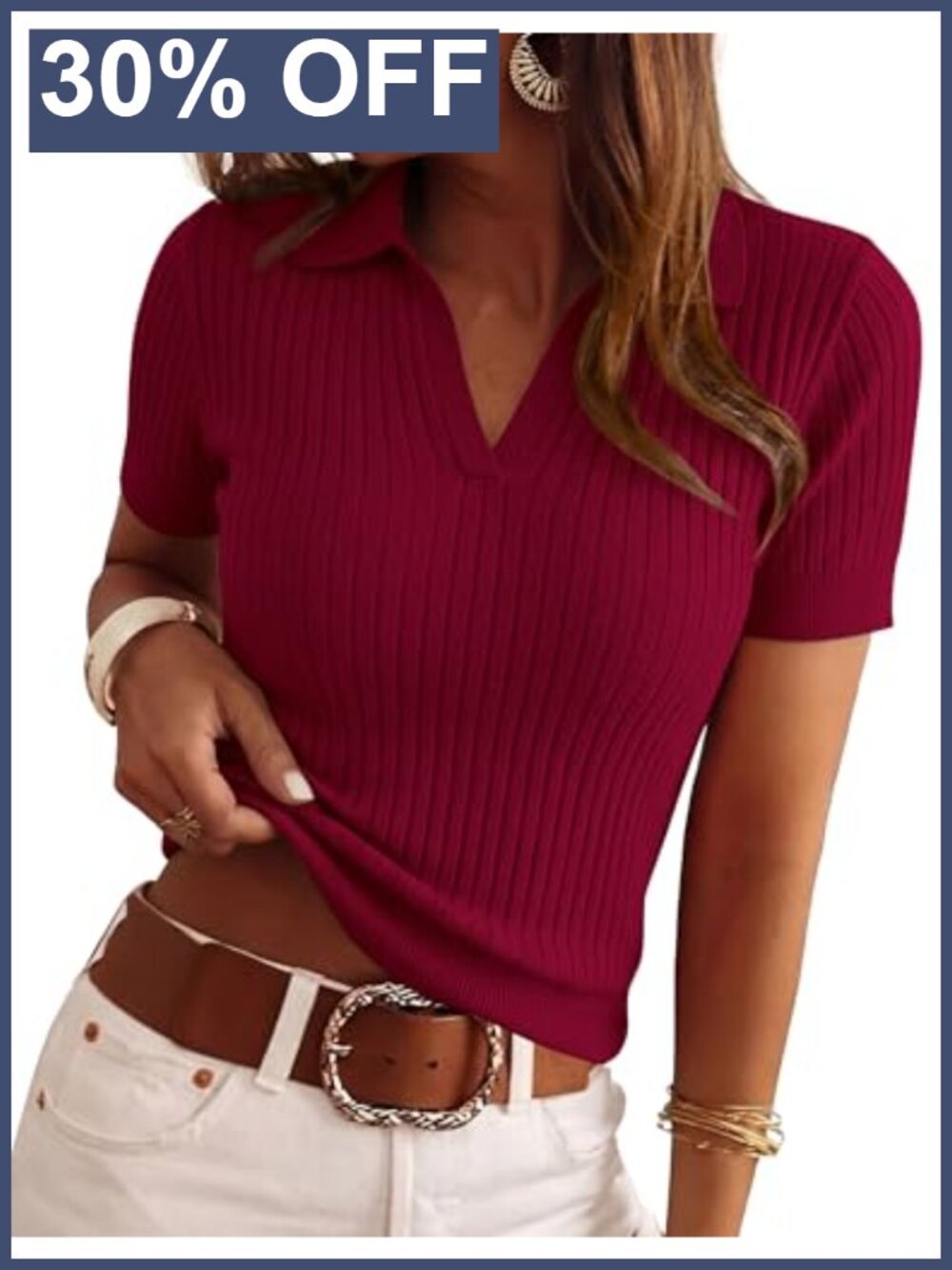 Women's Short Sleeve Sweater Polo Shirt Ribbed Knit V-Neck Pullover
